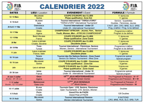 Calendrier 2022 - Fédération Internationale de Boules